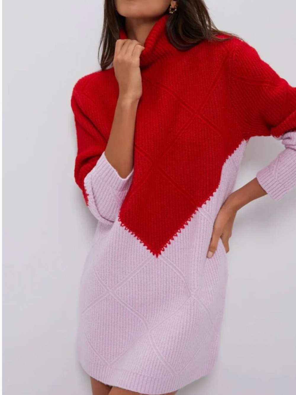 Colorblock Red and Light Pink Turtleneck Sweater Dress
